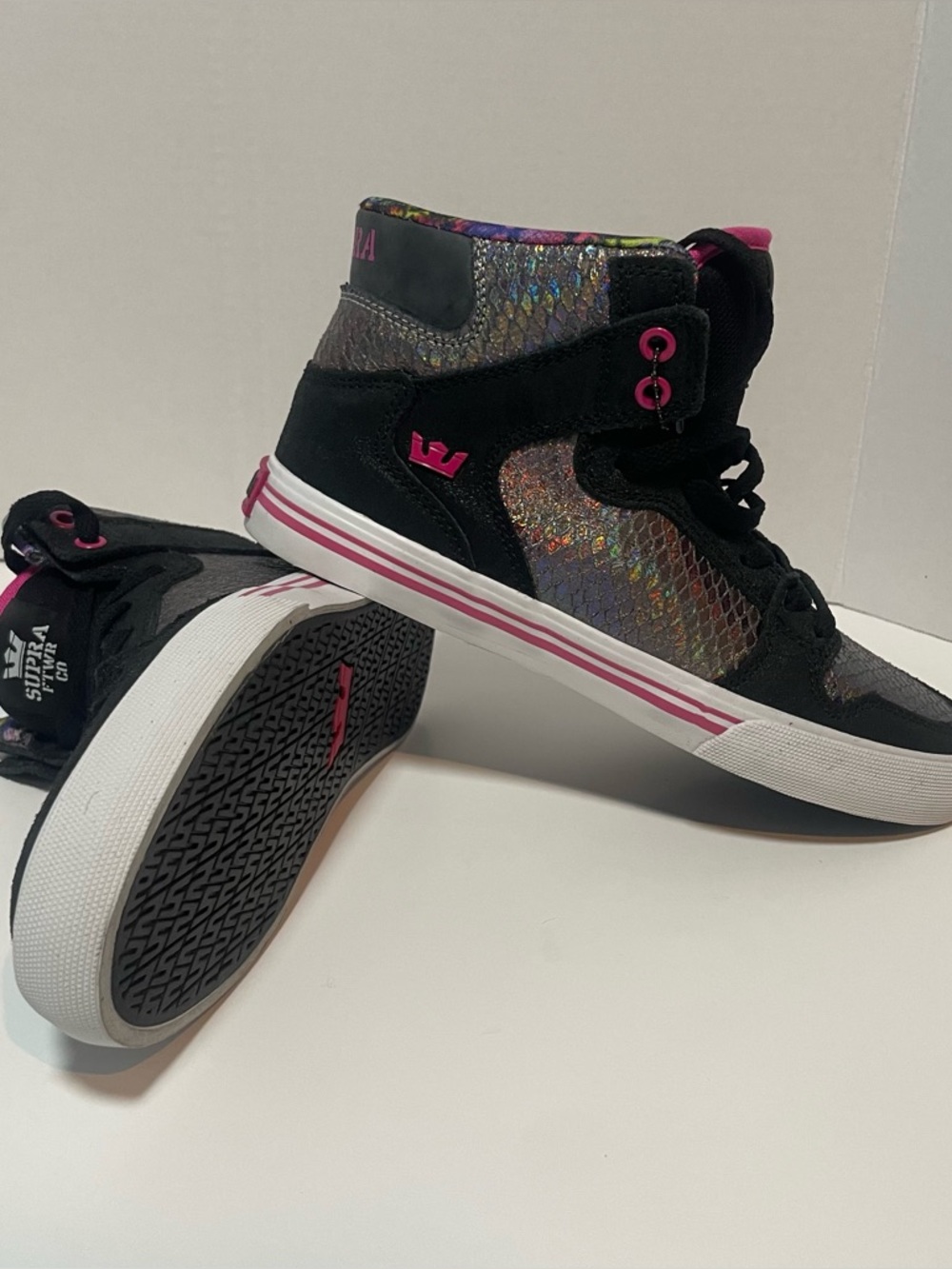 Supra Kids High-Top Sneakers in Black with Pink and Iridescent Detail
